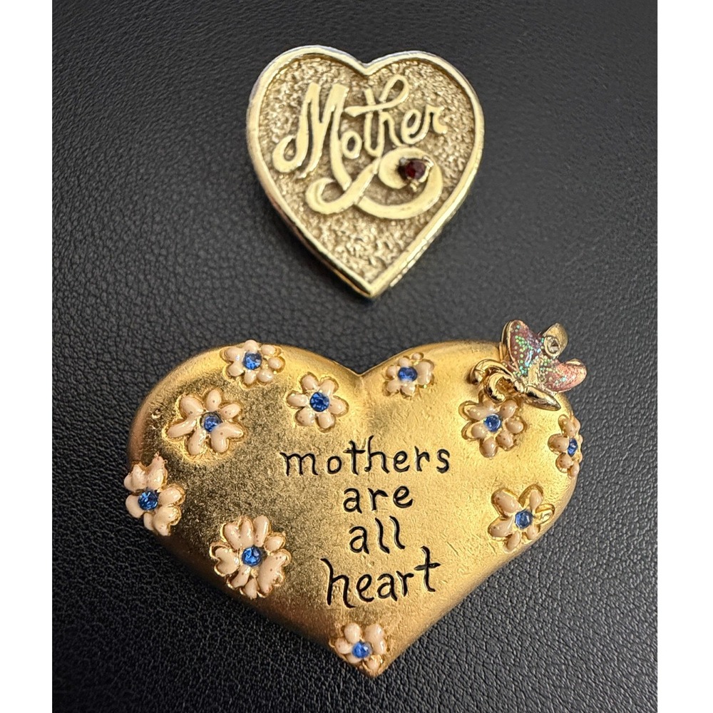 Vintage Mother Heart Brooch Set of 2 AJMC GERRYS Gold Tone Red Rhinestone